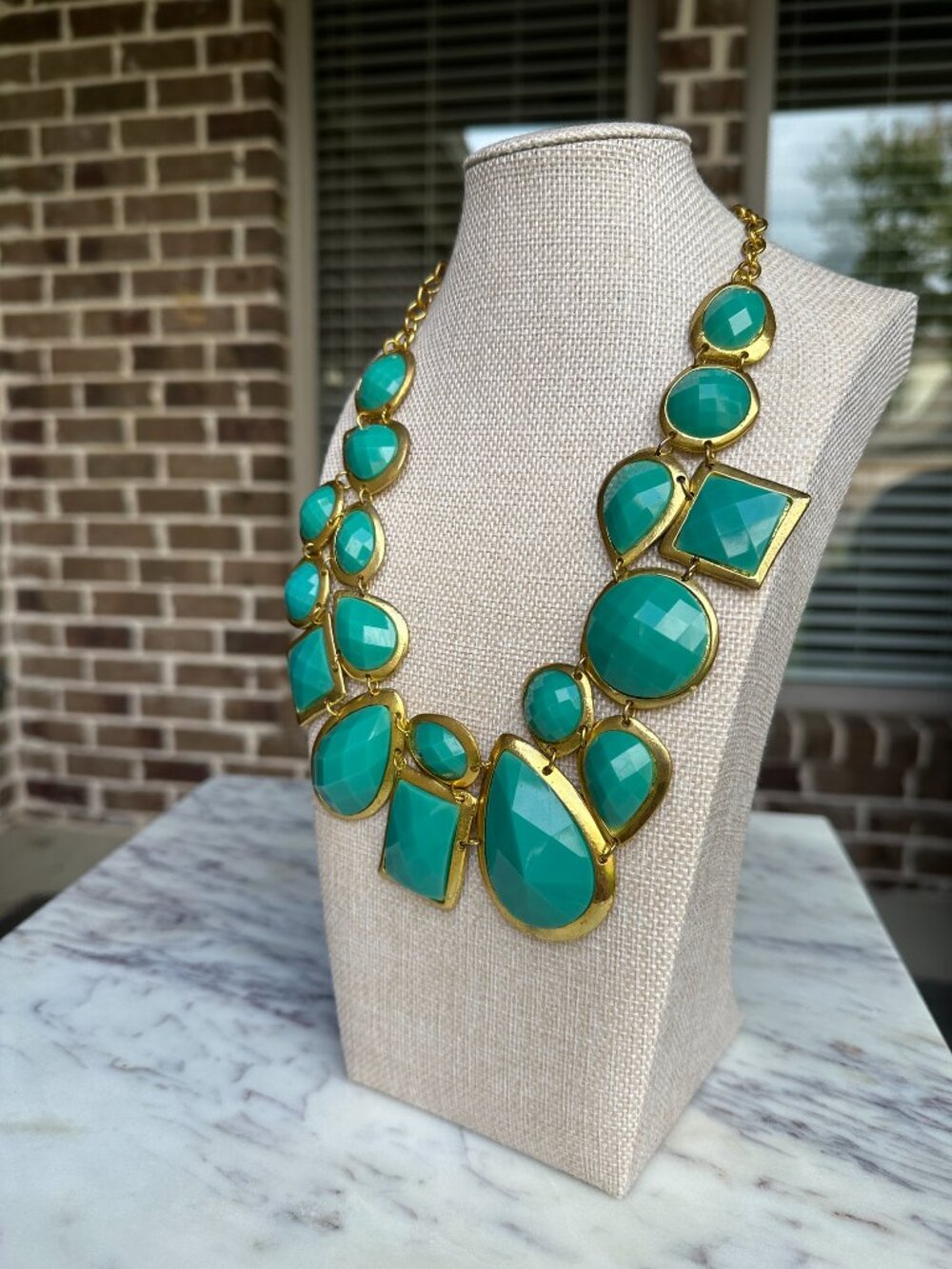 Vintage Turquoise Asymmetrical Bib Statement Necklace Adjustable Gold Tone Chain